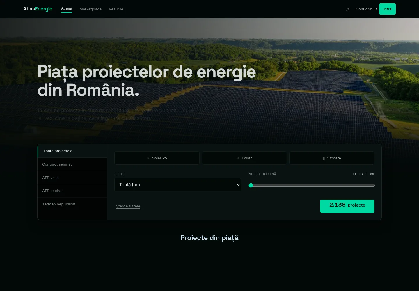 Marketplace-ul AtlasEnergie, cu filtre pentru tehnologie, județ și starea proiectului