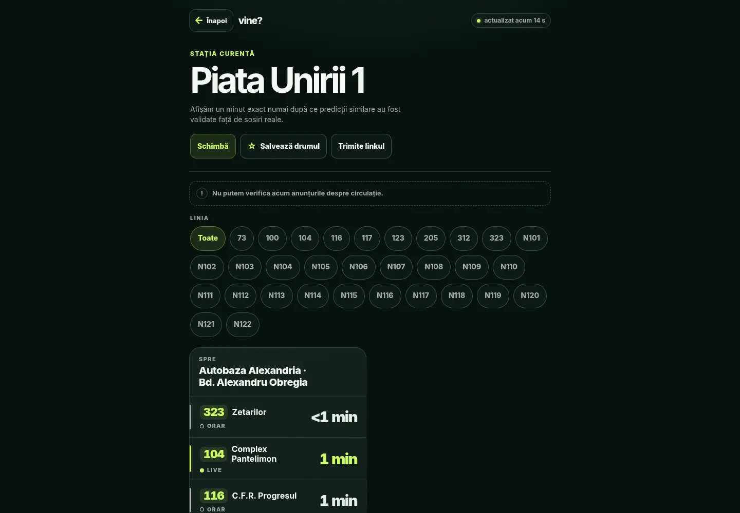 Panoul busapp pentru stația Piața Unirii 1, cu sosiri marcate LIVE și ORAR